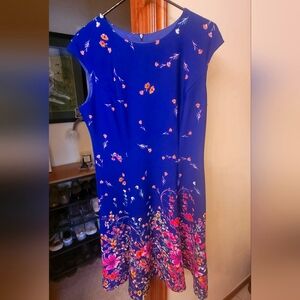 London Times Blue Floral Cap Sleeve Fit And Flare Scuba Dress